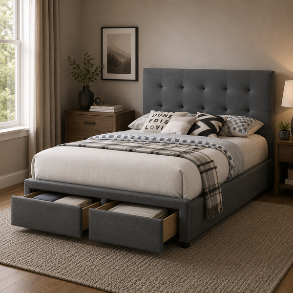 Scarlet Bed with Drawers Dark Grey Fabric Tufted bed head Queen and King Size Lifestyle