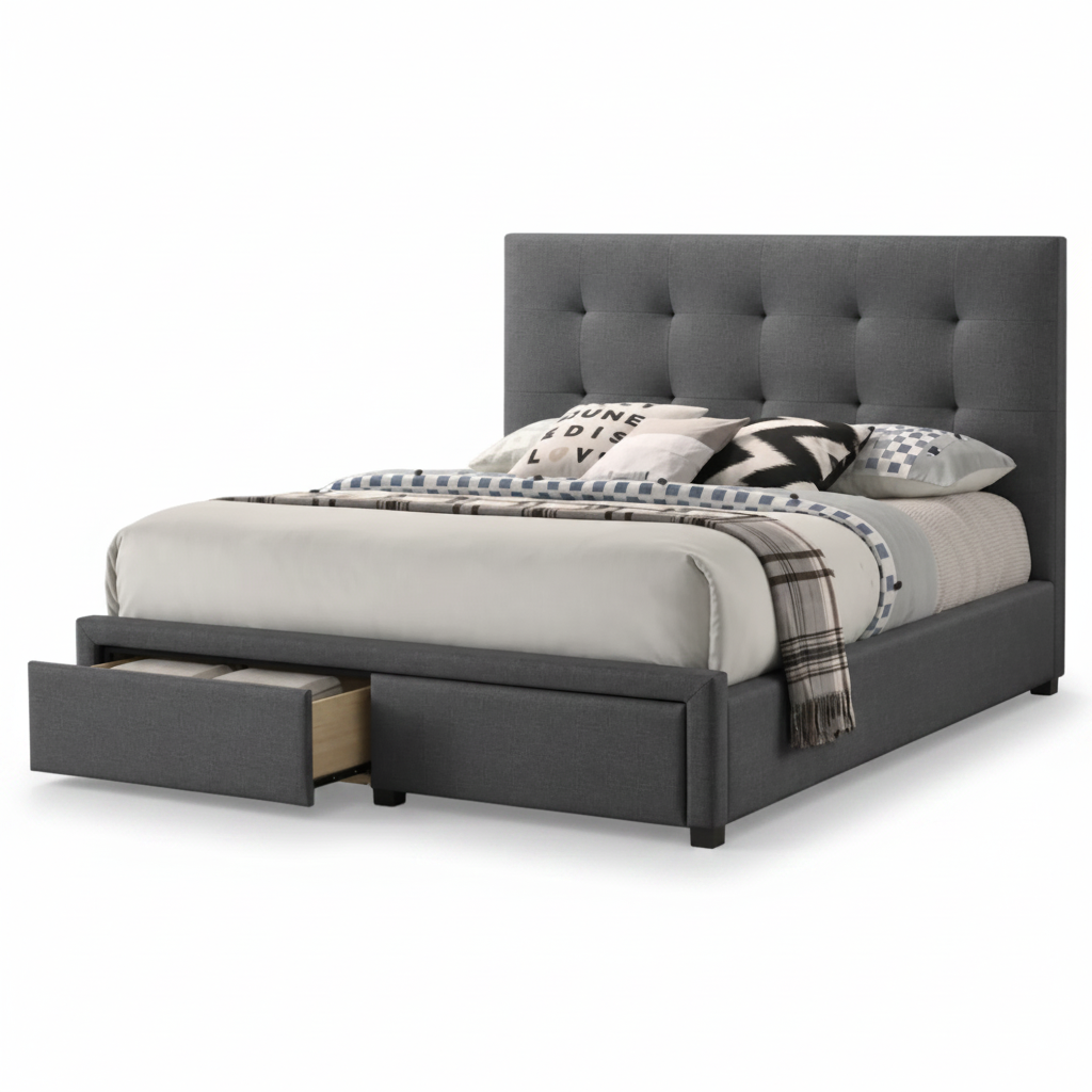 Scarlet Bed with Drawers Dark Grey Fabric Tufted bed head Queen and King Size