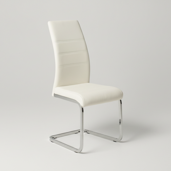 White dining chair with stitched backrest and padded seat on chrome cantilever frame