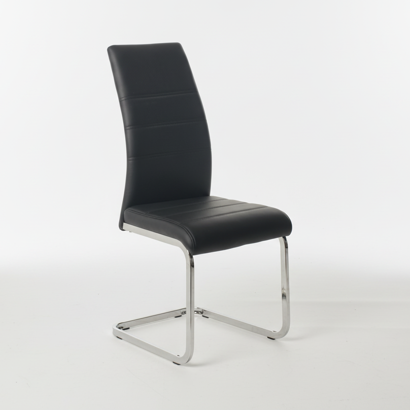 Black dining chair with padded seat and tall back, chrome metal base frame