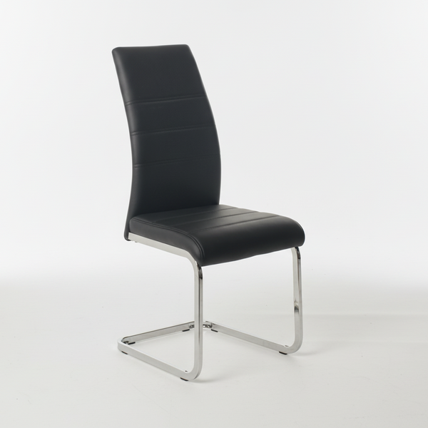 Black dining chair with padded seat and tall back, chrome metal base frame