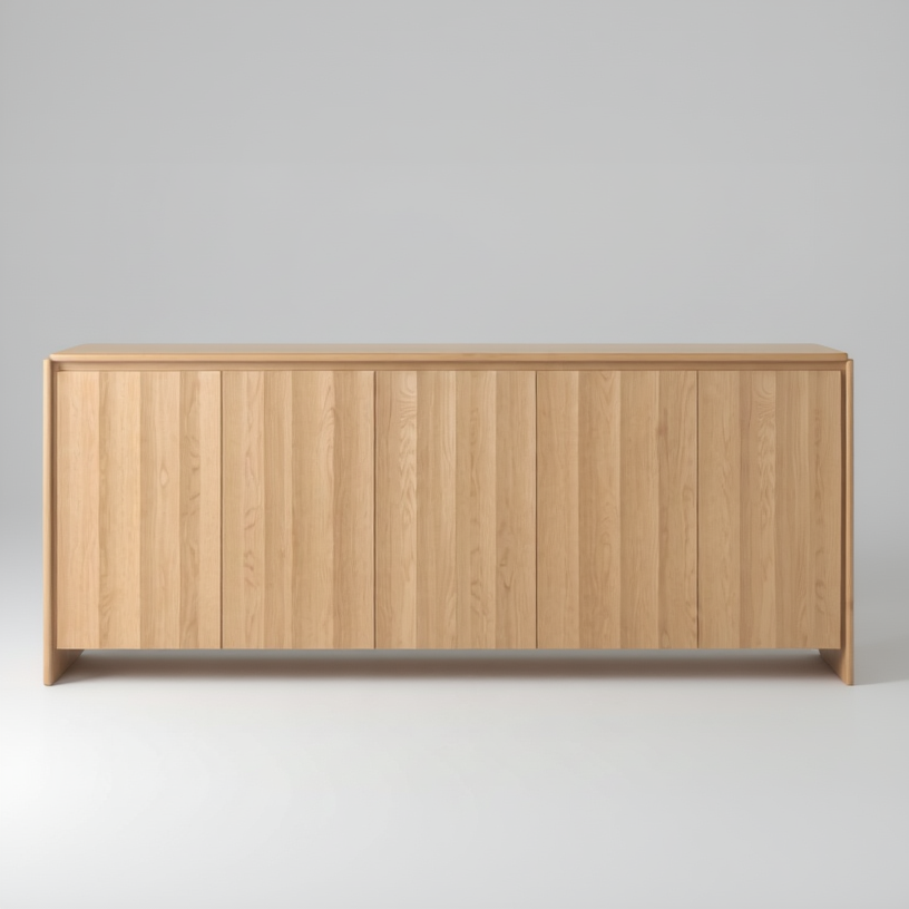 Light wood buffet cabinet with recessed top shelf and vertical panel doors