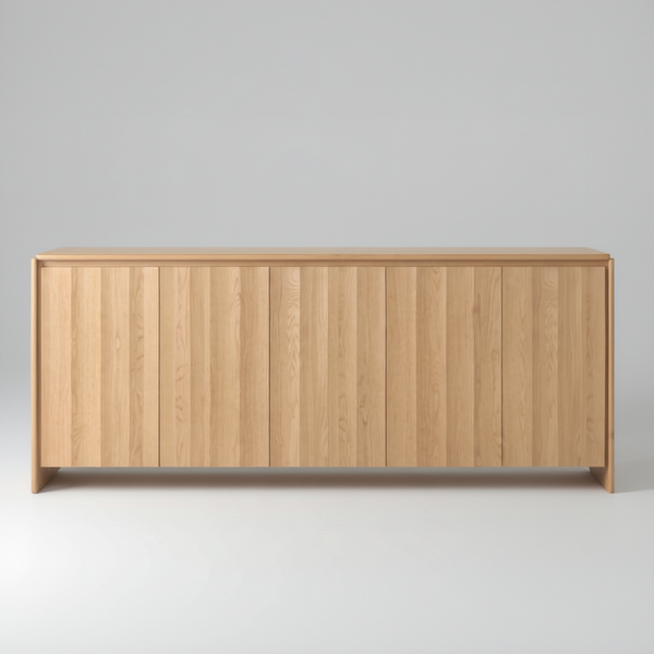 Light wood buffet cabinet with recessed top shelf and vertical panel doors
