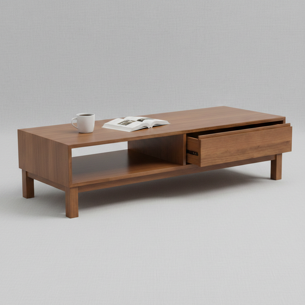 Blackwood coffee table with drawer, open shelf, and square legs