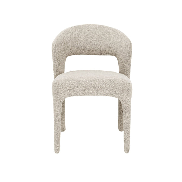 Wheat upholstered dining chair with rounded back and arms, curved legs