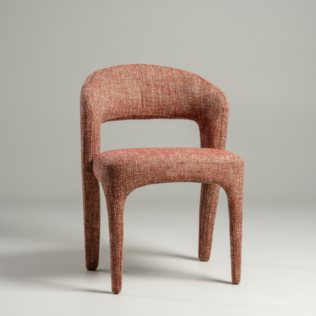 Rust-orange upholstered dining chair with curved backrest and tapered front legs