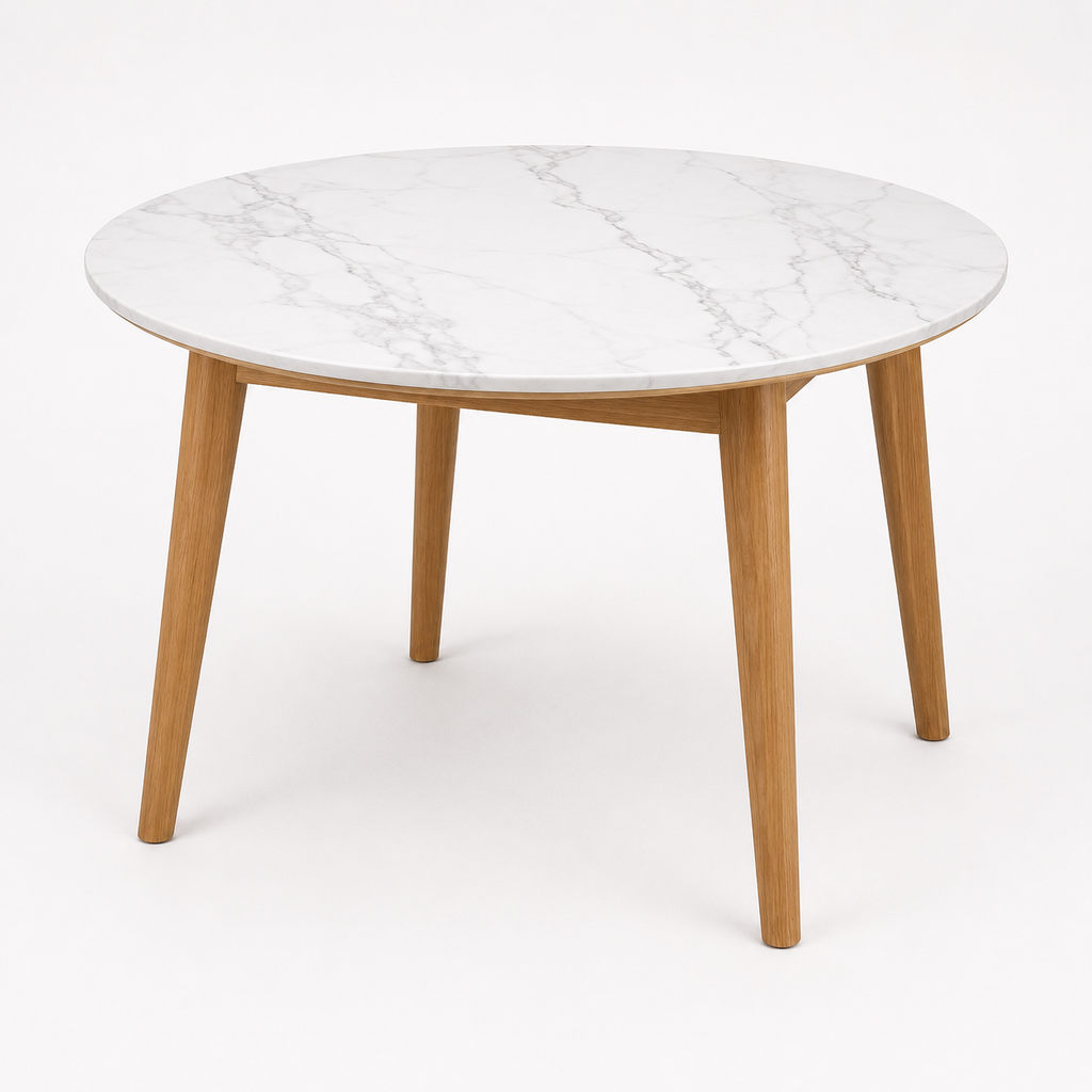 Round dining table with white marble-look top and four light wood legs