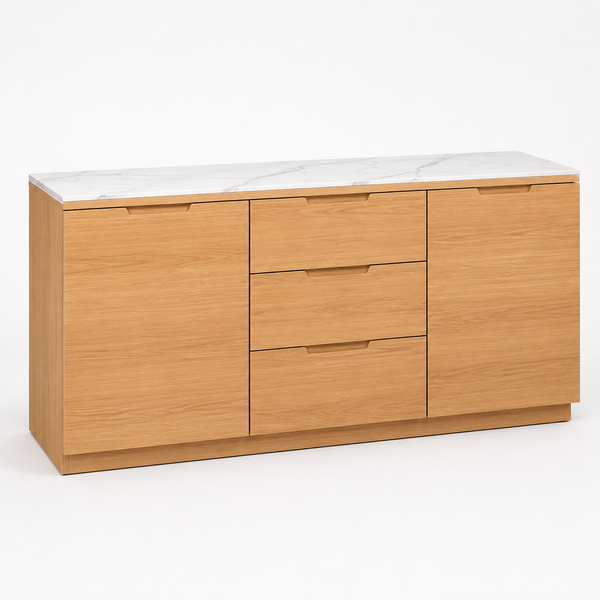 Wooden cabinet with white countertop on a white background