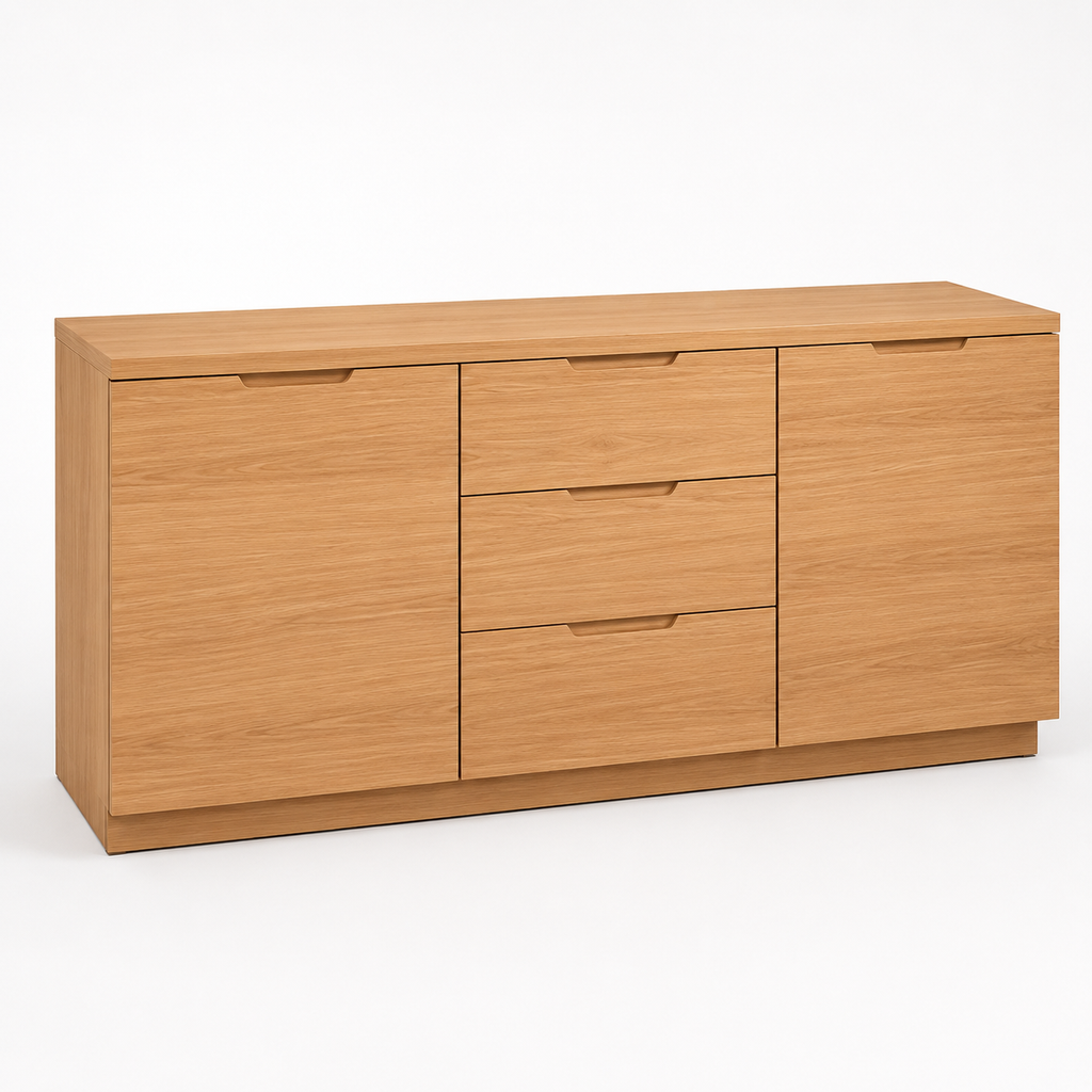 Wooden sideboard with multiple drawers on a white background