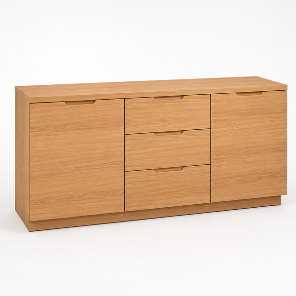 Wooden sideboard with multiple drawers on a white background