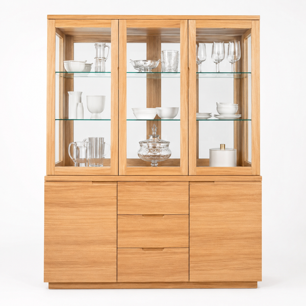 Wooden display cabinet with glass doors on a white background