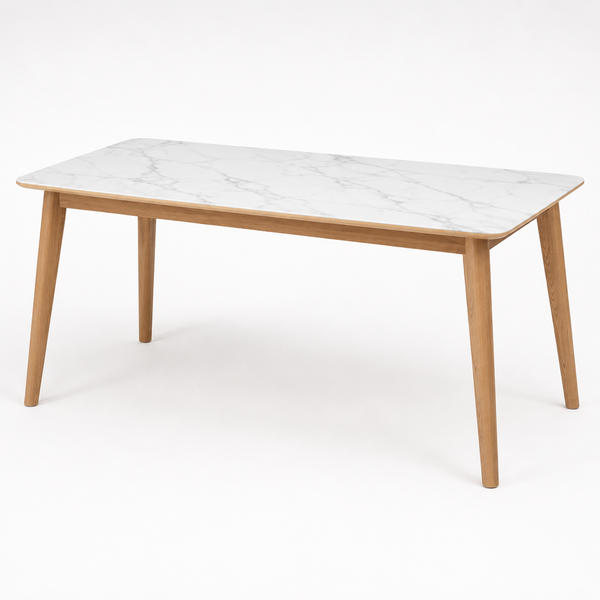 Dining table with white marble-look top and light wood tapered legs