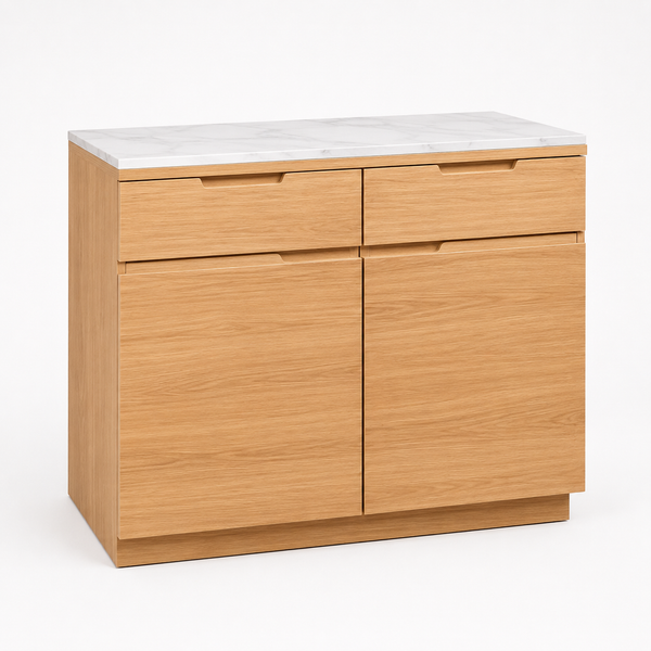 Wooden cabinet with white countertop on a white background