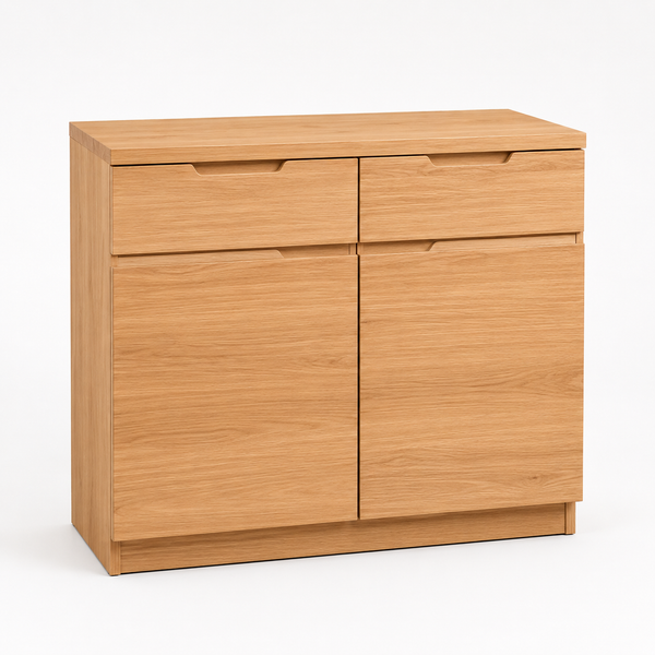 Wooden cabinet with two doors and two drawers on a white background