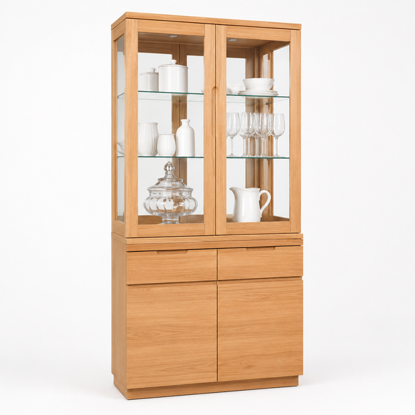 Wooden display cabinet with glass doors on a white background
