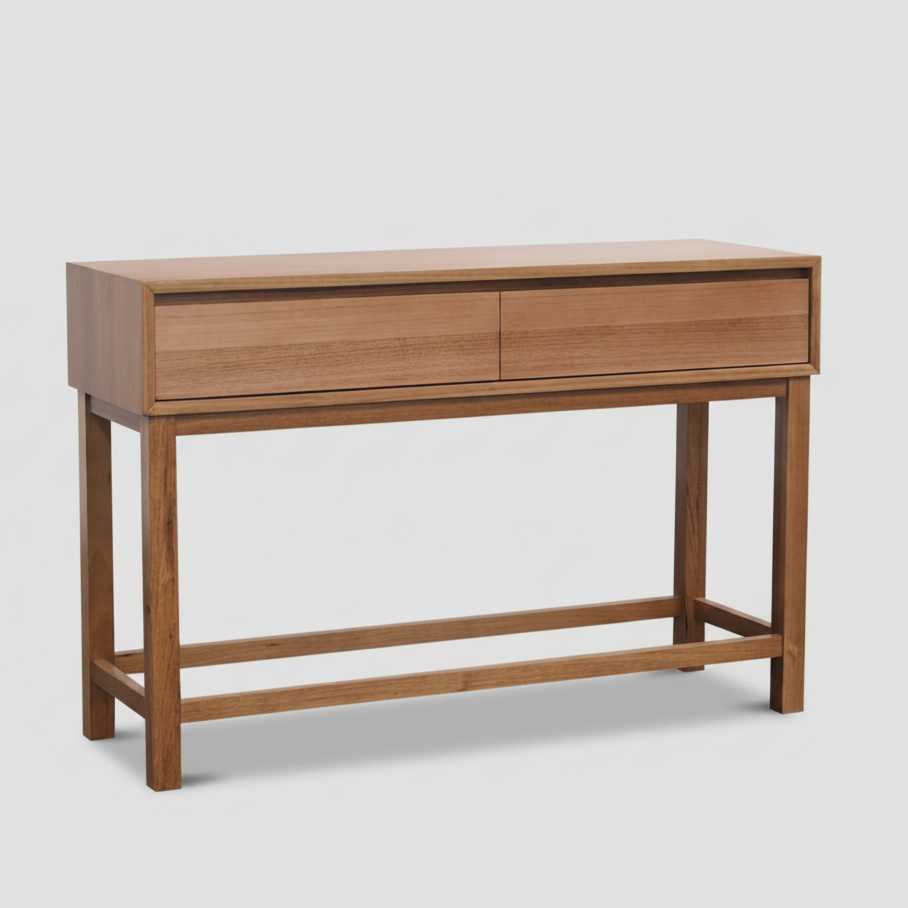 Wooden console table with two drawers on a light gray background