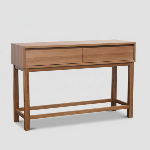 Wooden console table with two drawers on a light gray background