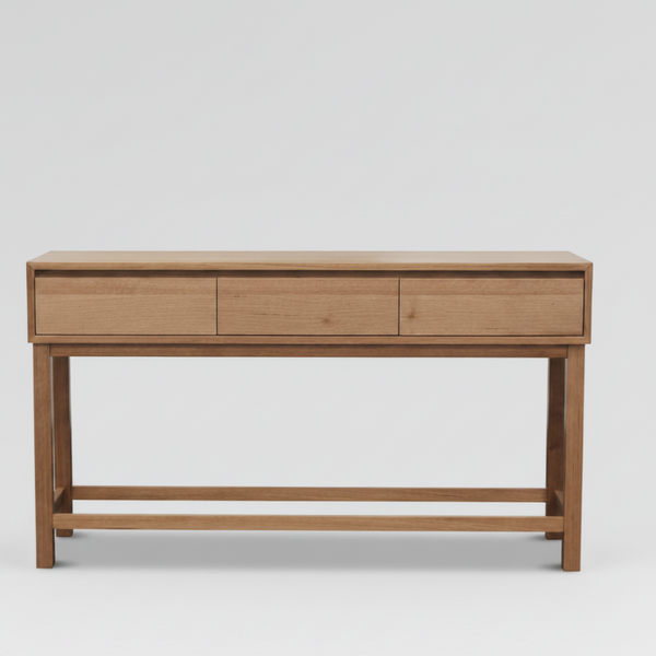 Tasmanian oak console table with three drawers and open lower shelf, light wood grain