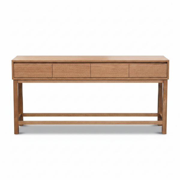 Tasmanian oak console table with four-section drawer front and open lower shelf