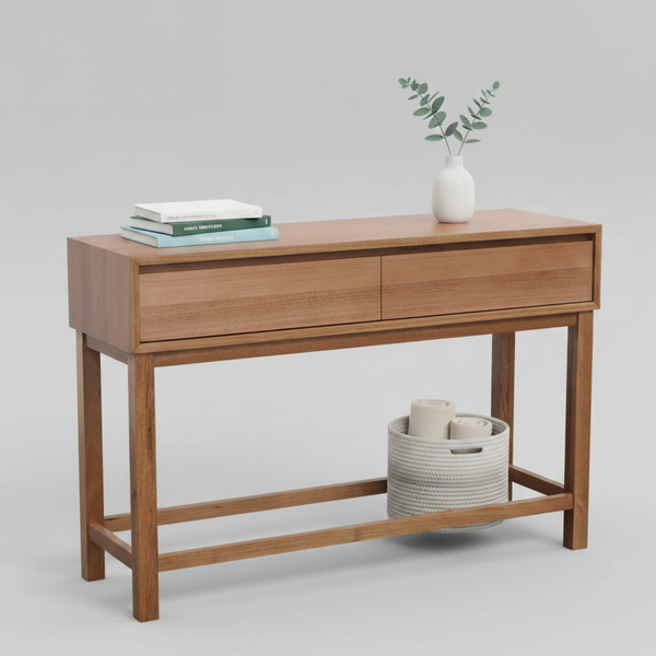 Tasmanian oak console table with two drawers and open lower storage shelf