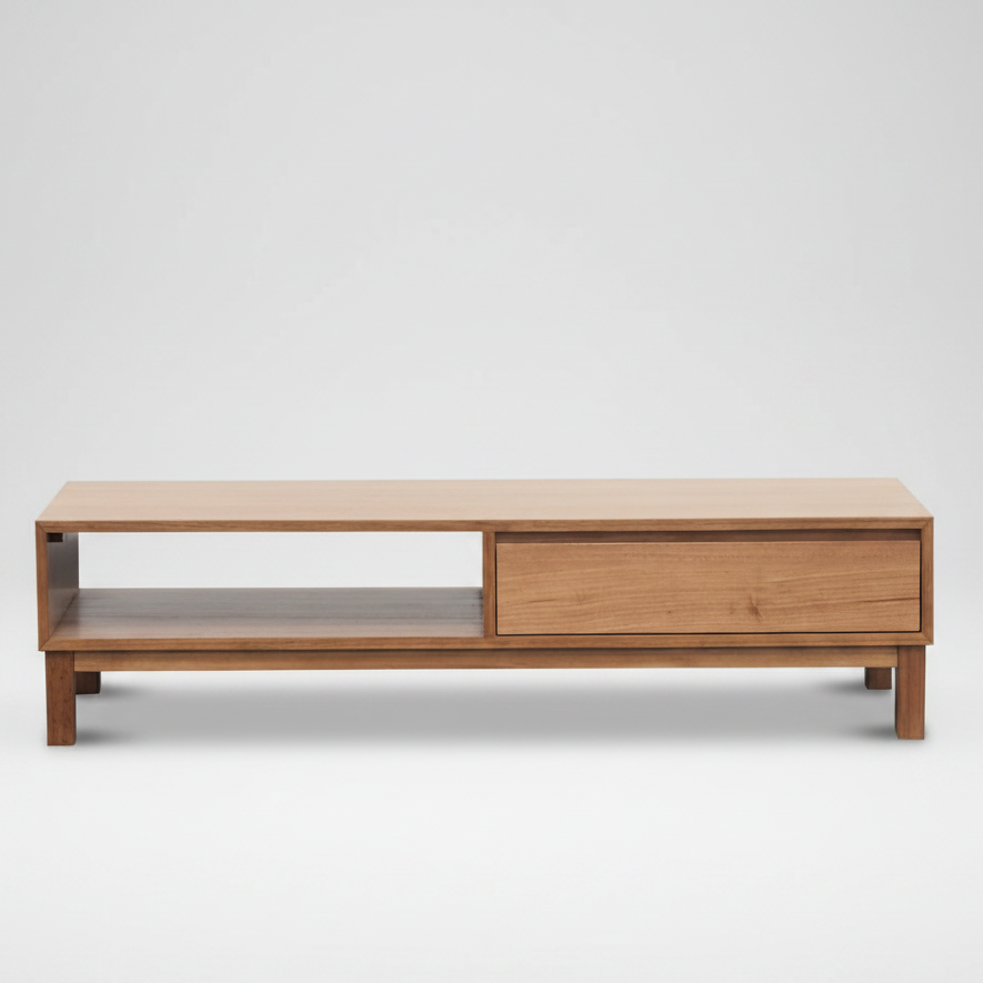 Wooden TV stand with a drawer on a white background