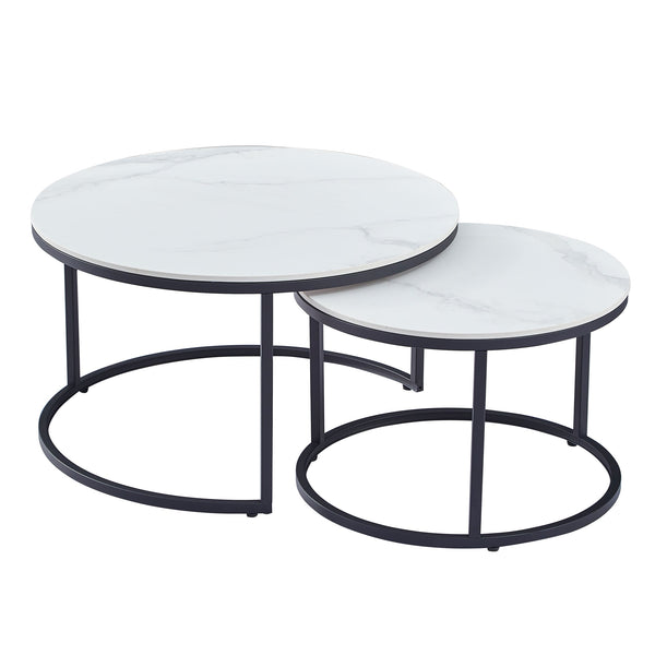 Round coffee and lamp table set with white marble-look tops and black metal frames