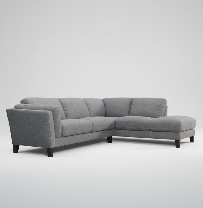 Corner chaise sofa in dark grey fabric with boxy arms and low wooden legs