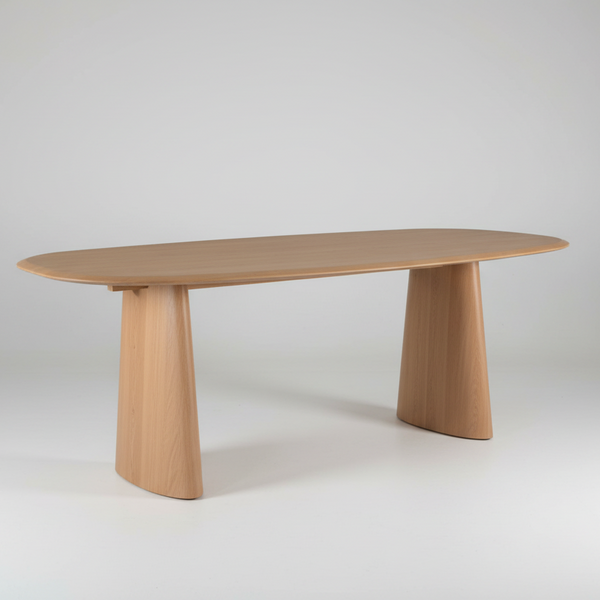 Natural oak oval dining table with tapered pedestal base