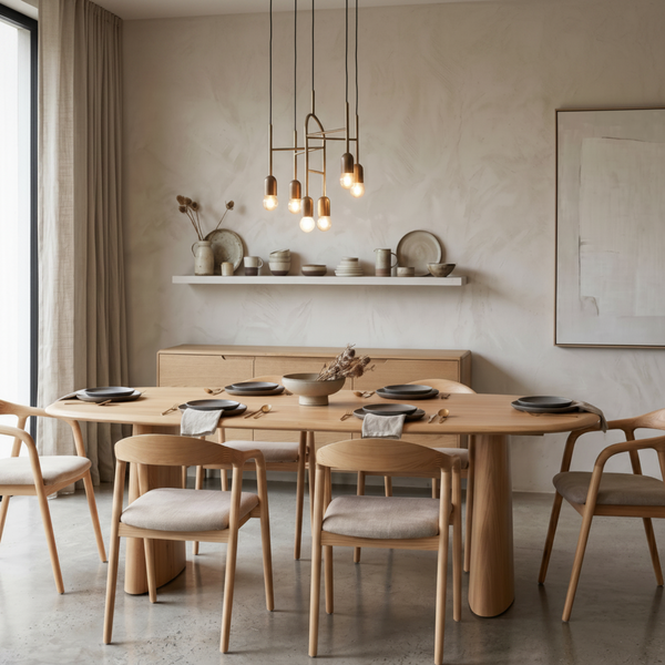 Oval natural oak dining table with six beige chairs, pendant lights overhead