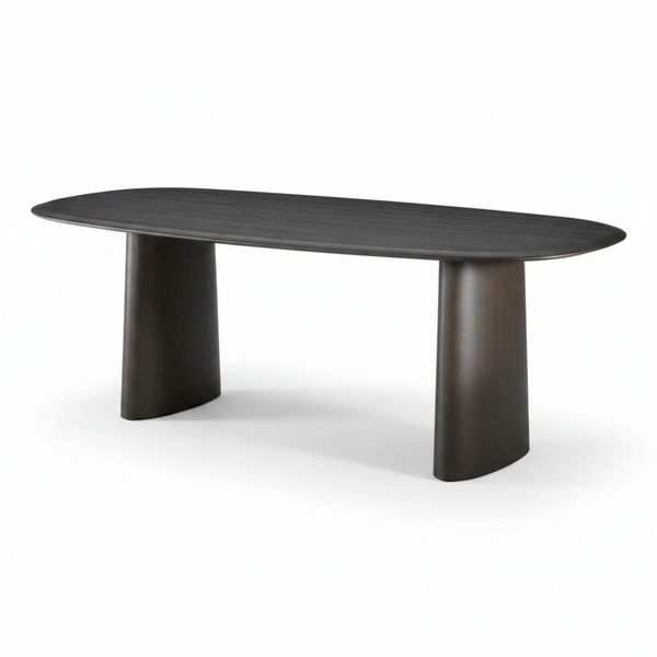 Oval dark walnut dining table with tapered pedestal legs