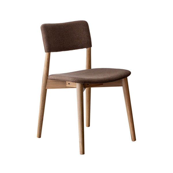 Upholstered dining chair with brown fabric seat and back, light wood legs