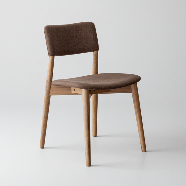 Brown upholstered chair with wooden legs on a light gray background