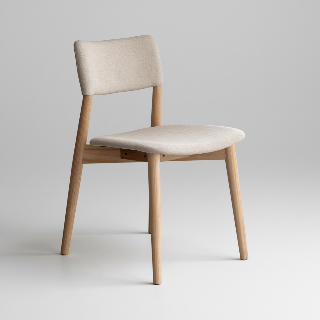 Armless dining chair with beige upholstered seat and back, light wood frame
