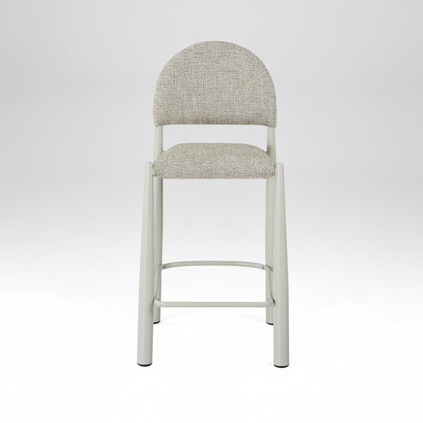 Sunday bar stool front view with light beige upholstered backrest and seat, white frame