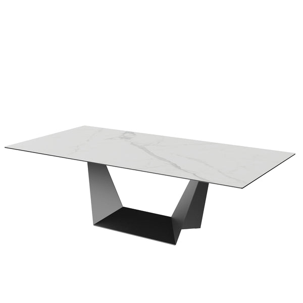 Rectangular marble-look dining table with black pedestal base