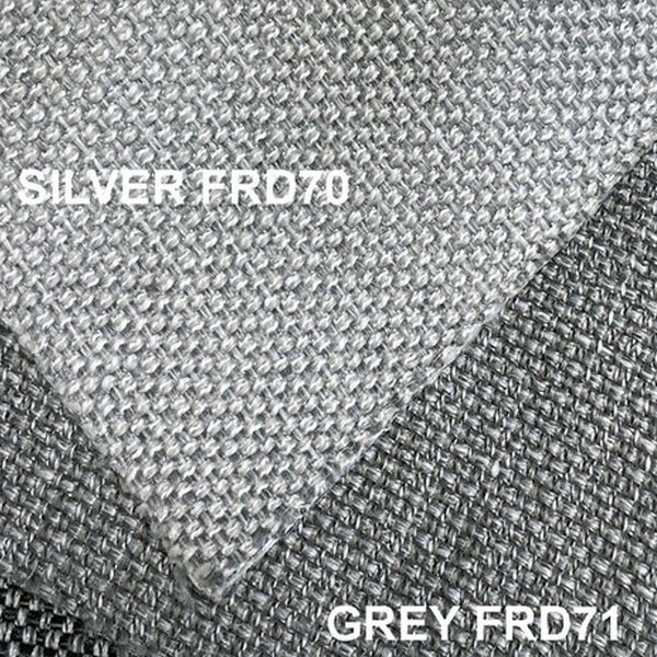 Silver upholstery fabric close-up with textured weave and visible fibers