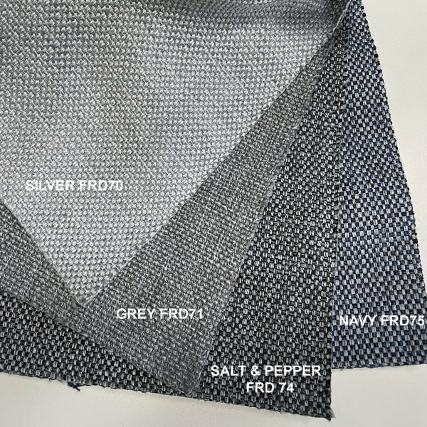 Woven fabric swatches for corner chaise sofa: silver, grey, salt & pepper, navy
