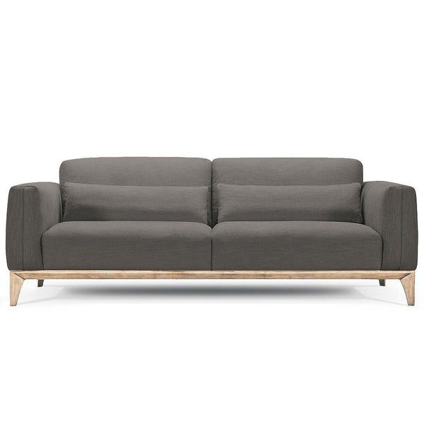 Gray fabric 3-seater sofa with two armrests, back cushions, and light wood tapered legs