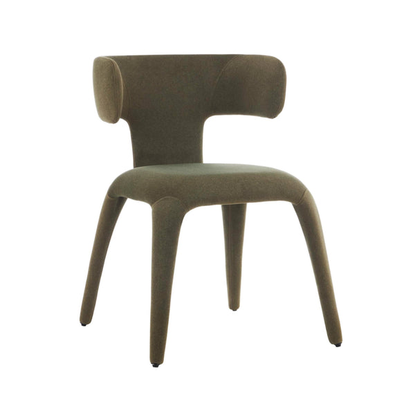 Upholstered dining chair with rounded back, dark olive fabric and tapered legs