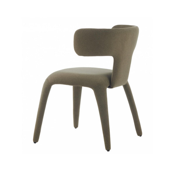 Upholstered dining chair with curved armrests, dark olive fabric and tapered legs