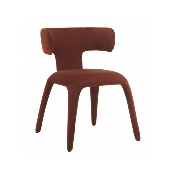 Rust fabric dining chair with rounded back and tapered wooden legs