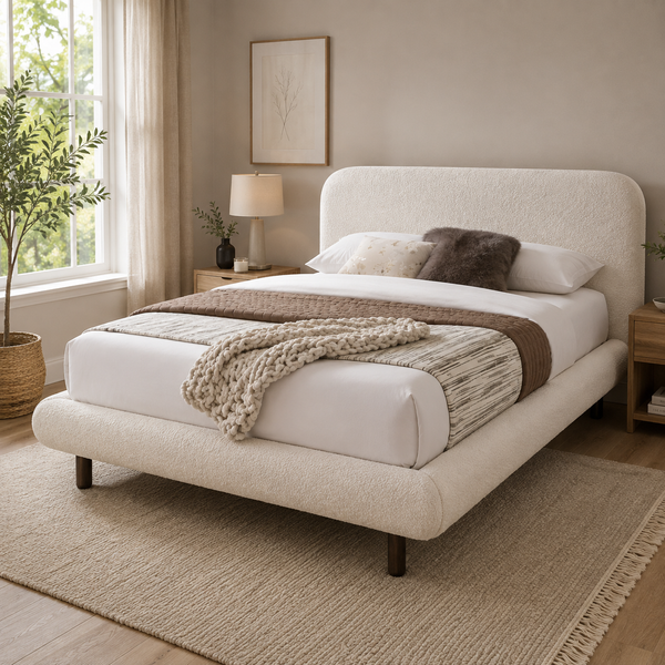The Belle upholstered bed in cream colour boucle fabric contemporary design in double and queen size Lifestyle