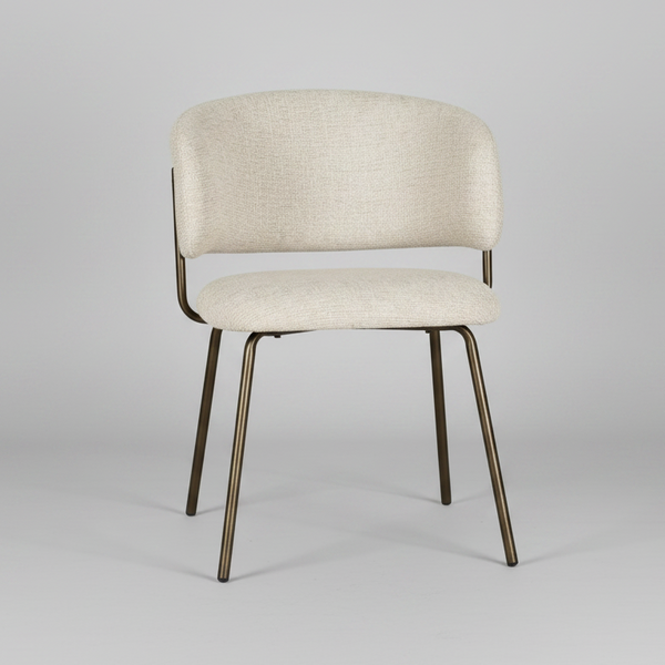 A modern dining chair with a curved upholstered backrest and seat in a light beige textured fabric, supported by slim dark metal legs, shown on a plain white background.
