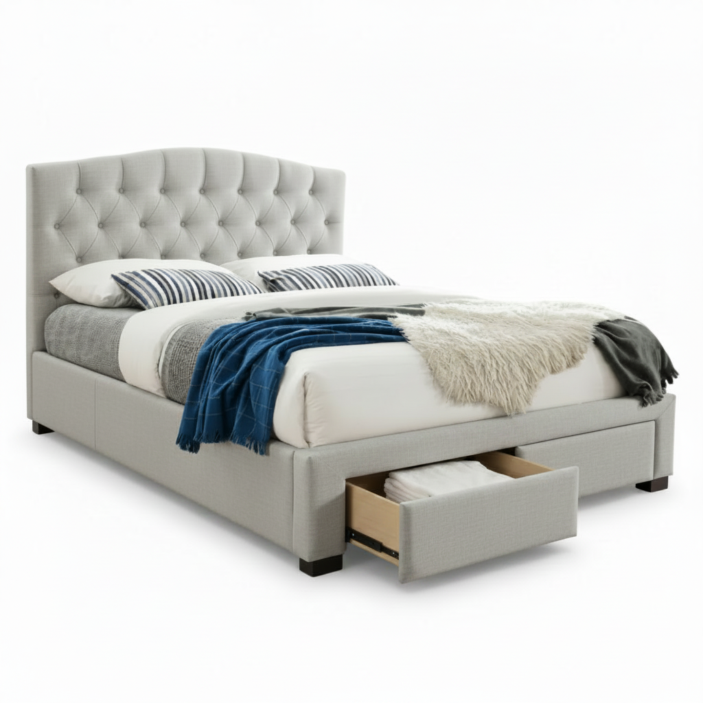 Tori Tufted Queen King Size Bed with Drawers Upholstered in Silver Grey Fabric