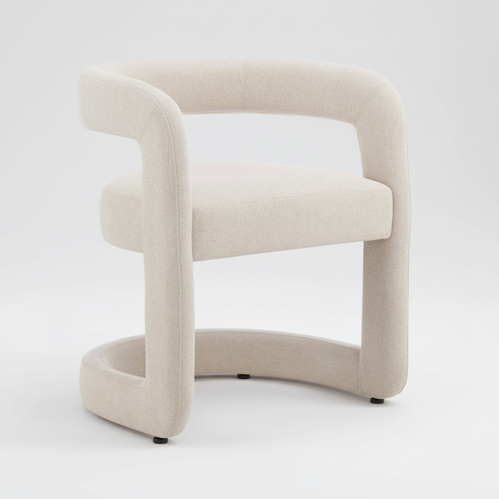 Upholstered dining chair in light sand fabric, tall rounded arms, curved base and black feet