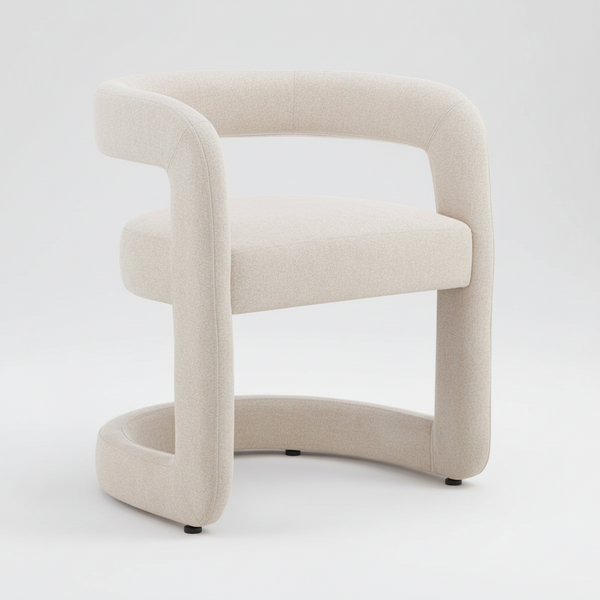 Upholstered dining chair in light sand fabric, tall rounded arms, curved base and black feet