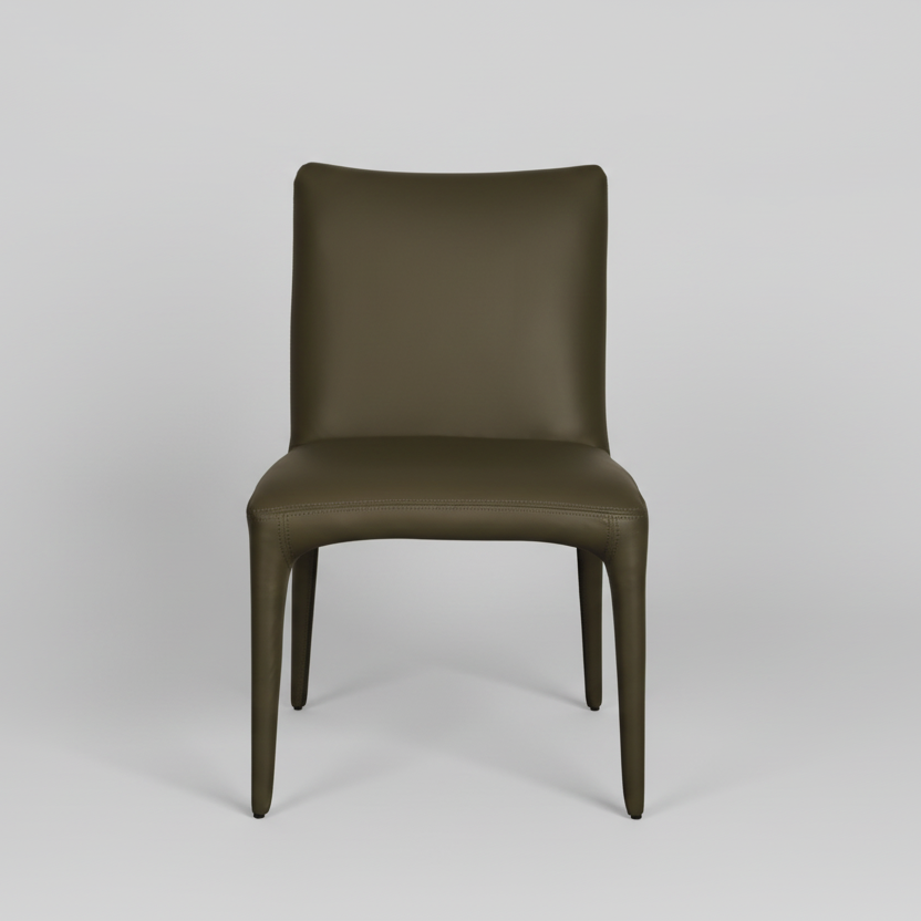 Olive dining chair with cushioned back and seat, curved design, tapered legs