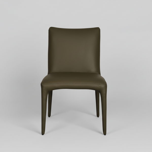 Olive dining chair with cushioned back and seat, curved design, tapered legs