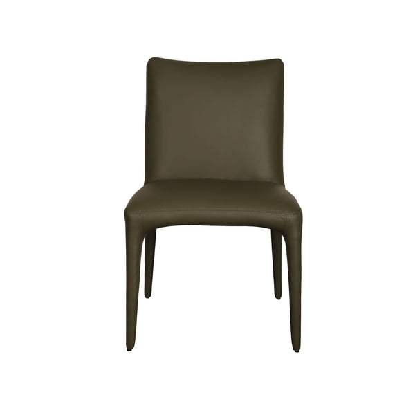 Olive upholstered dining chair with cushioned seat, square back, tapered legs