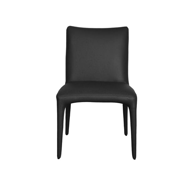 Black upholstered dining chair with padded backrest and seat, straight legs.